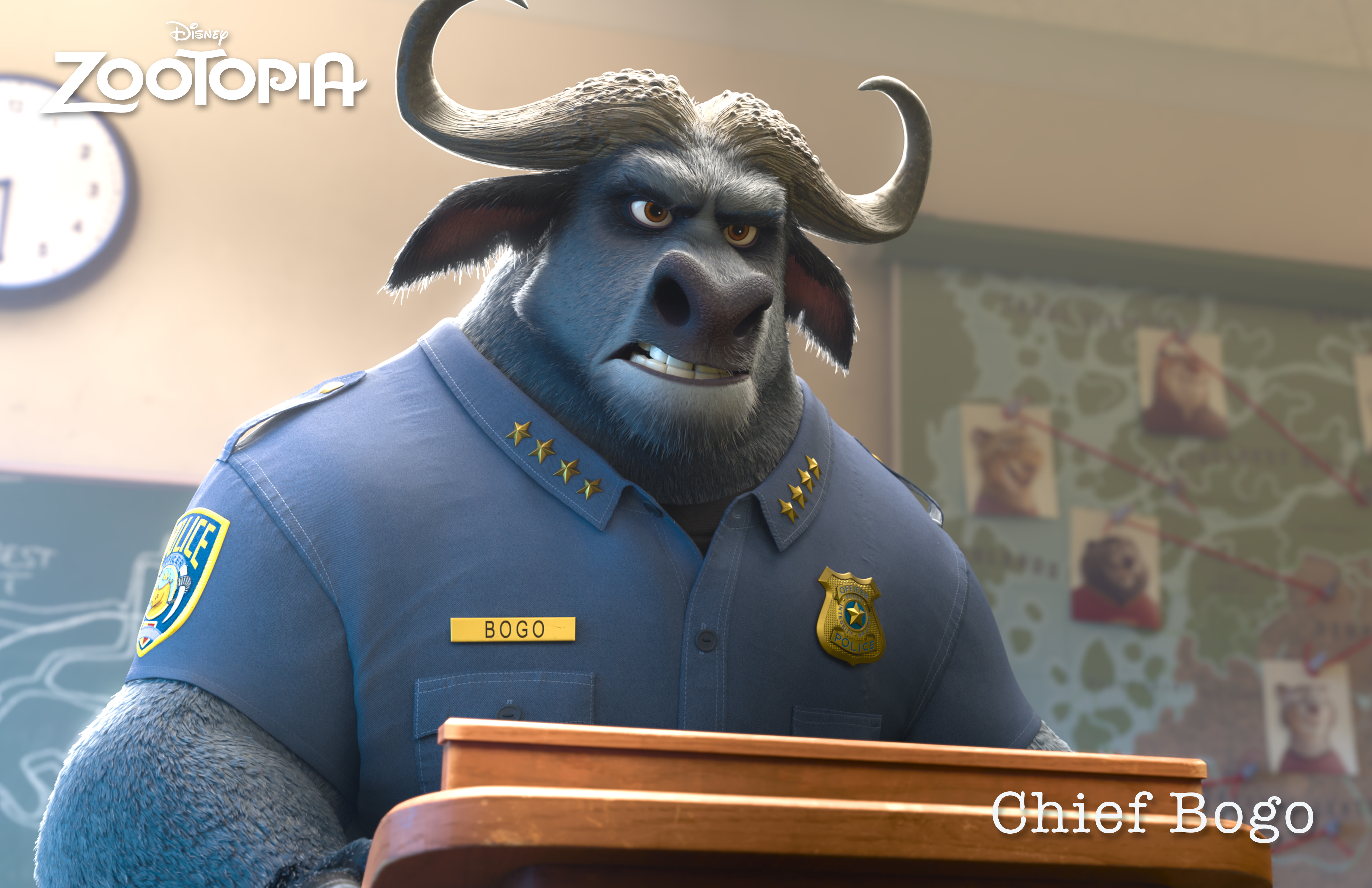 ZOOTOPIA – CHIEF BOGO, head of the Zootopia Police Department. A tough cape buffalo with 2,000 lbs of attitude, Bogo is reluctant to add Judy Hopps, Zootopia’s first bunny cop, to his squad of hardened rhinos, elephants and hippos. ©2015 Disney. All Rights Reserved.